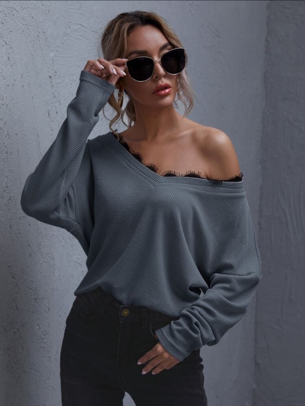 Shein Waffle Knit Off-Shoulder Sweater - Gray
